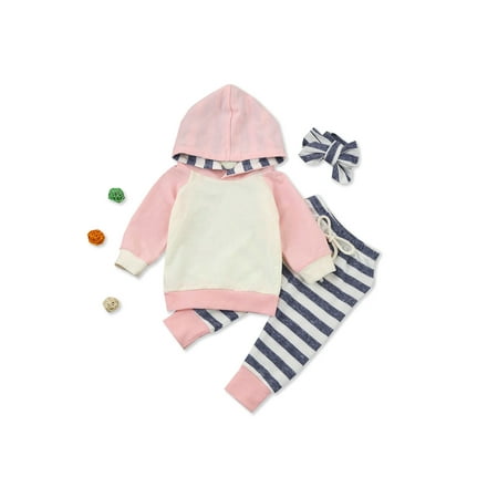 

PatPat 3-piece Cute Color Blocked Striped Hoodie Tie-up Pants and Headband Set