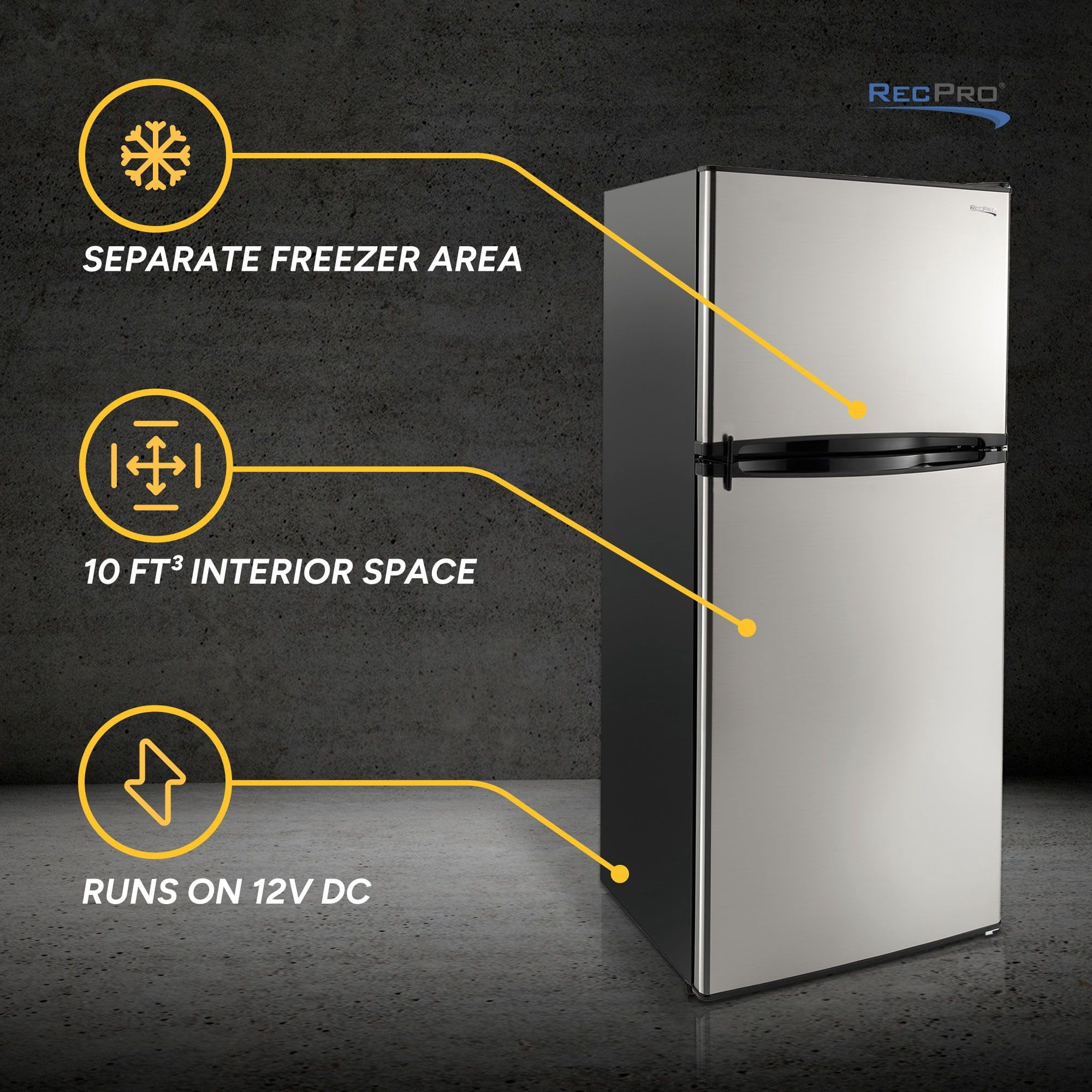 RecPro 10 Cu Ft 12V RV Refrigerator | Frost-Free Fridge with Freezer | Double Door, Adjustable Shelves, Reversible Door, Built-In Lock | 23.5”W x 26”D x 59”H | Off-Grid & Dry Camping Ready