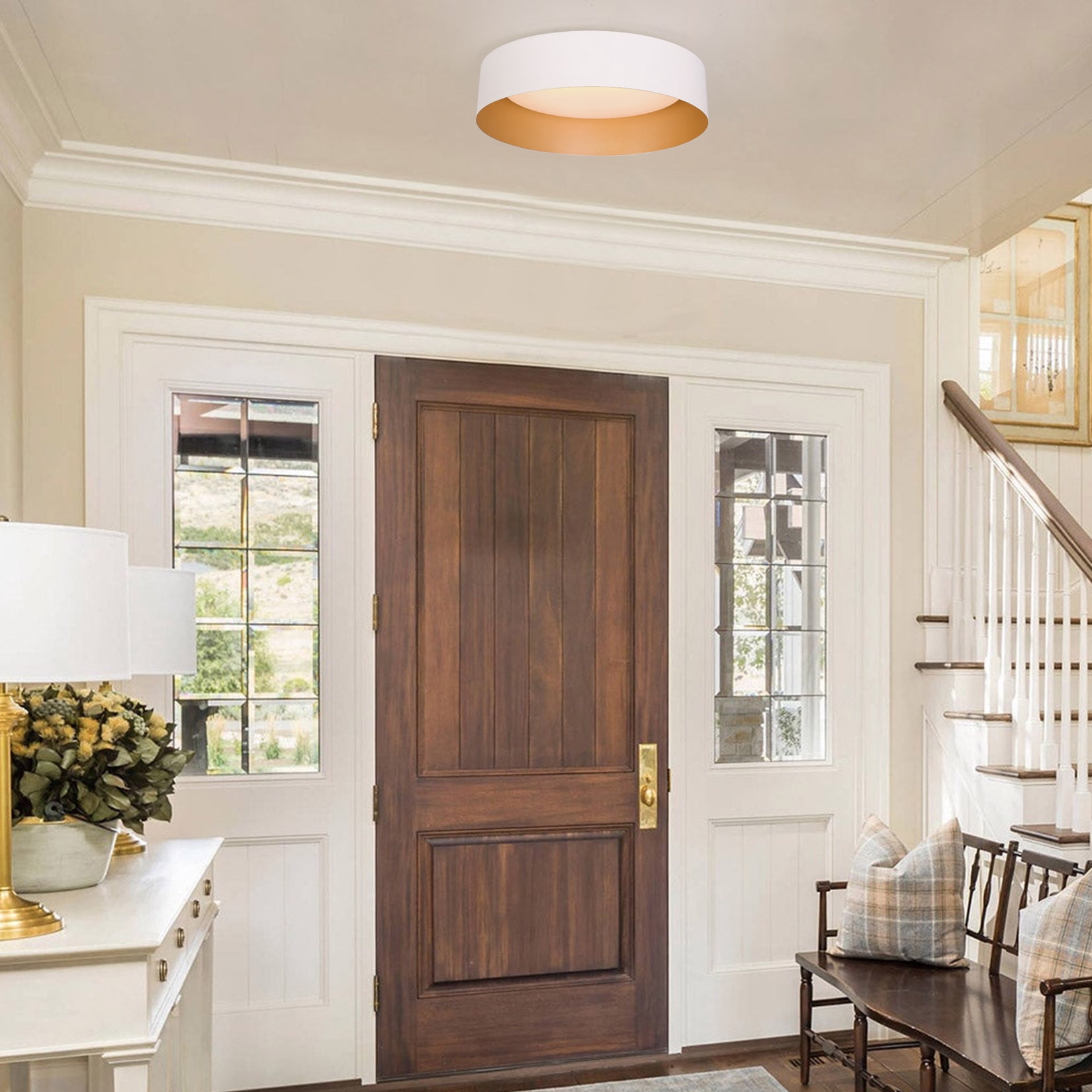 BESTOMINE LED Ceiling Light Fixture,12.5 inch Flush Mount Light Fixture,Matte White with Gold Inside,Dimmable 3000K/Warm White/18W(100w Equiv.),Outdoor Lighting Fixtures Ceiling for Bedroom Hallway