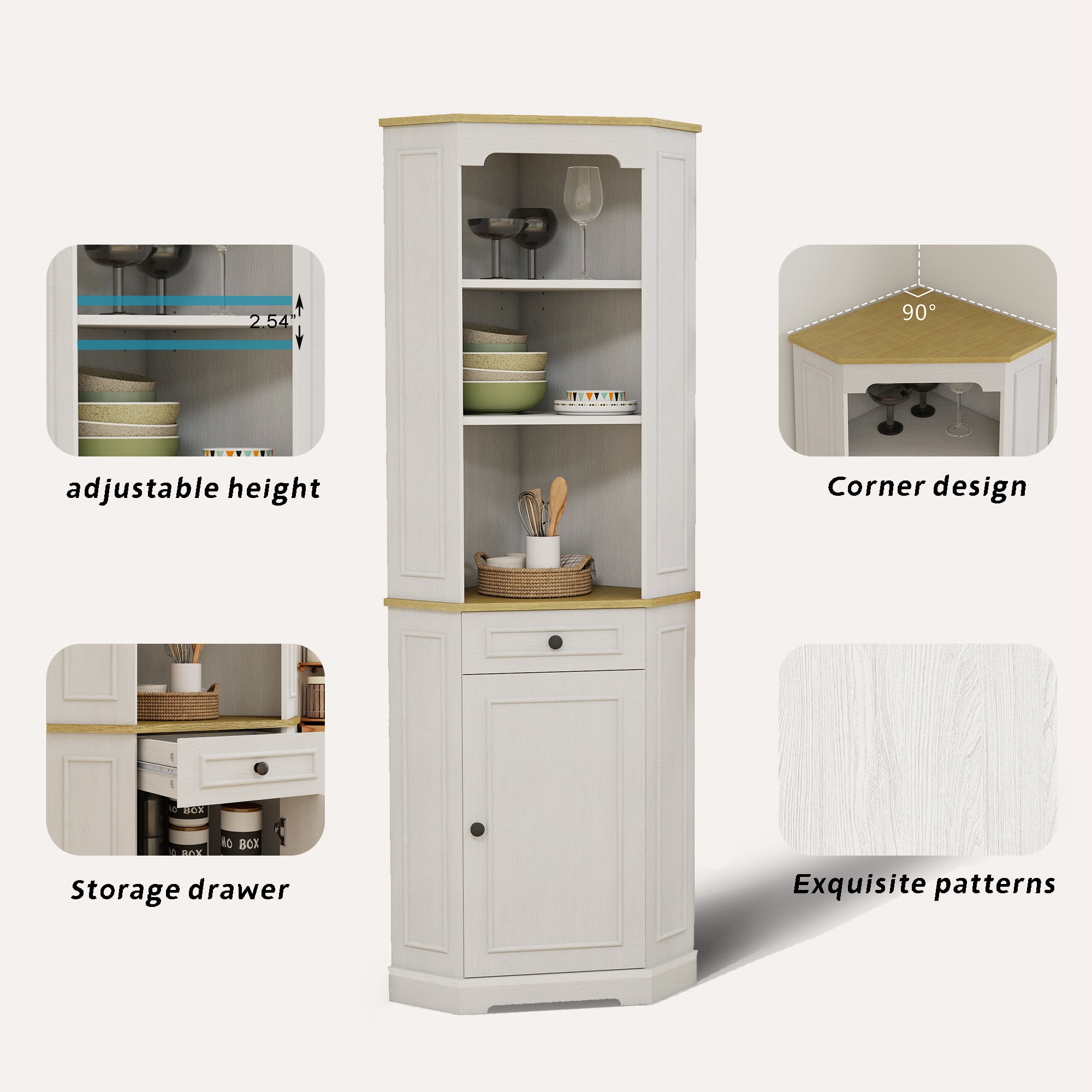 Mintazer Tall Corner Storage Cabinet with Drawer, Freestanding Display Cupboard with Adjustable Open Shelves & Closed Cabinet for Living Room Kitchen Dining Bathroom, Antique White