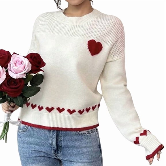 Women'S Casual Sweet Heart Colorblock Crew Neck Loose Knit Sweater White XL