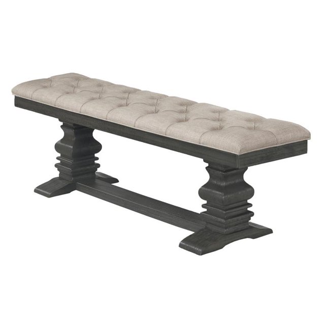 Beige Linen Fabric Dining Bench in Dark Gray Wood and Tufted Seats