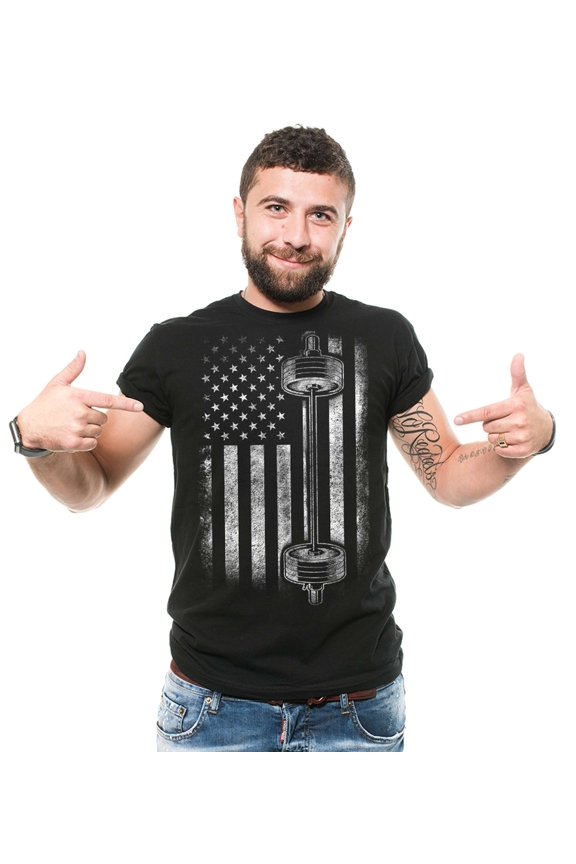 Mens American Flag With Barbell Shirt USA Freedom Shirt Workout T-Shirt Gym Shirts Gym Bro Gifts