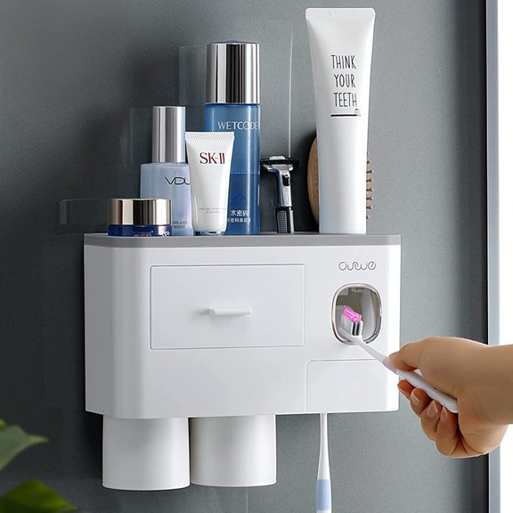 Toothbrush Holder Wall Mounted, 4 in 1 Hanging Toothbrush Holder for Bathroom Multifunctional Space-Saving Toothbrush Holder with 2 Magnetic Cups 2 Toothbrush Slots and 1 Cosmetic Drawer