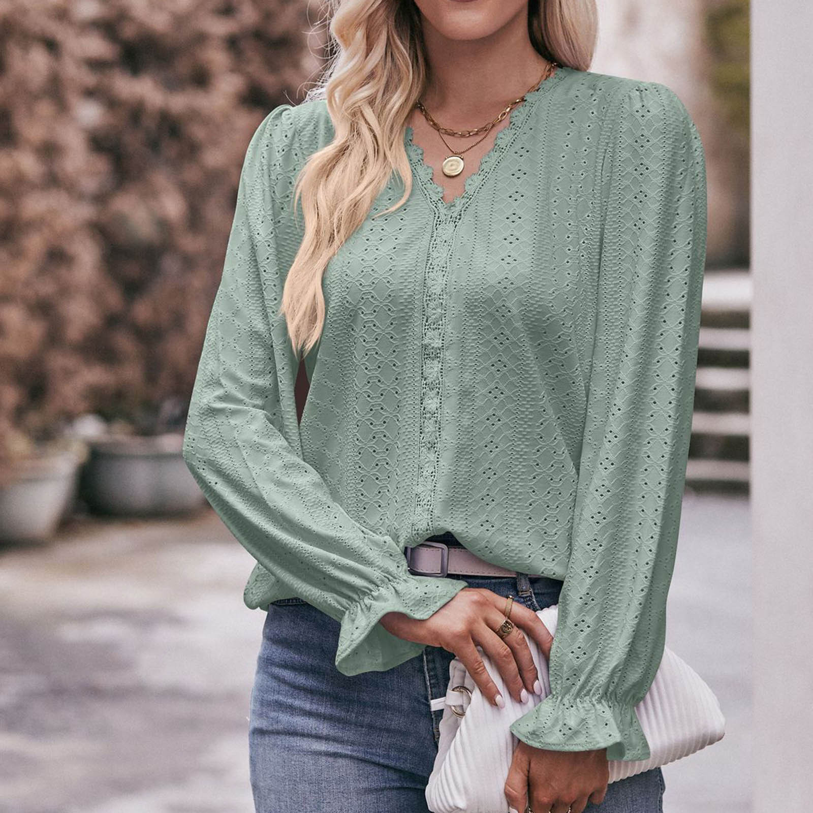 Blouses For Women Business Casual Long Sleeve Shirts V Neck Blouses Dressy Casual Tunic Tops Green L Walmart