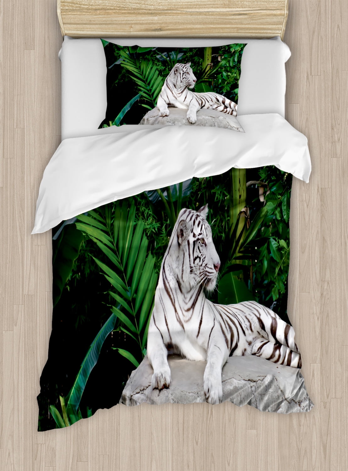 Safari Duvet Cover Set, White Tiger Setting on Stone Tropic Plants