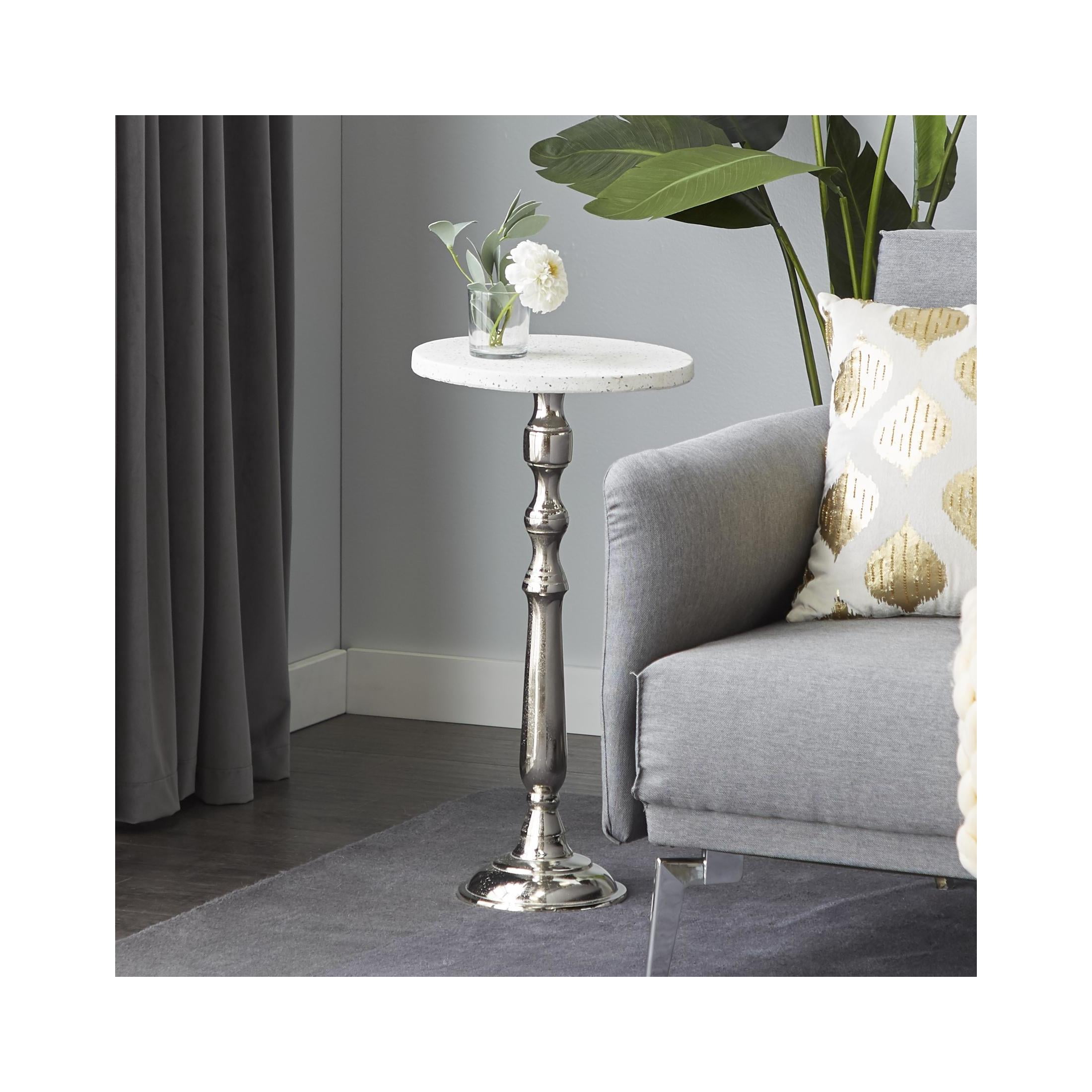 DecMode 13" x 25" Silver Terrazzo Stone Accent Table with White Marble Top, 1-Piece