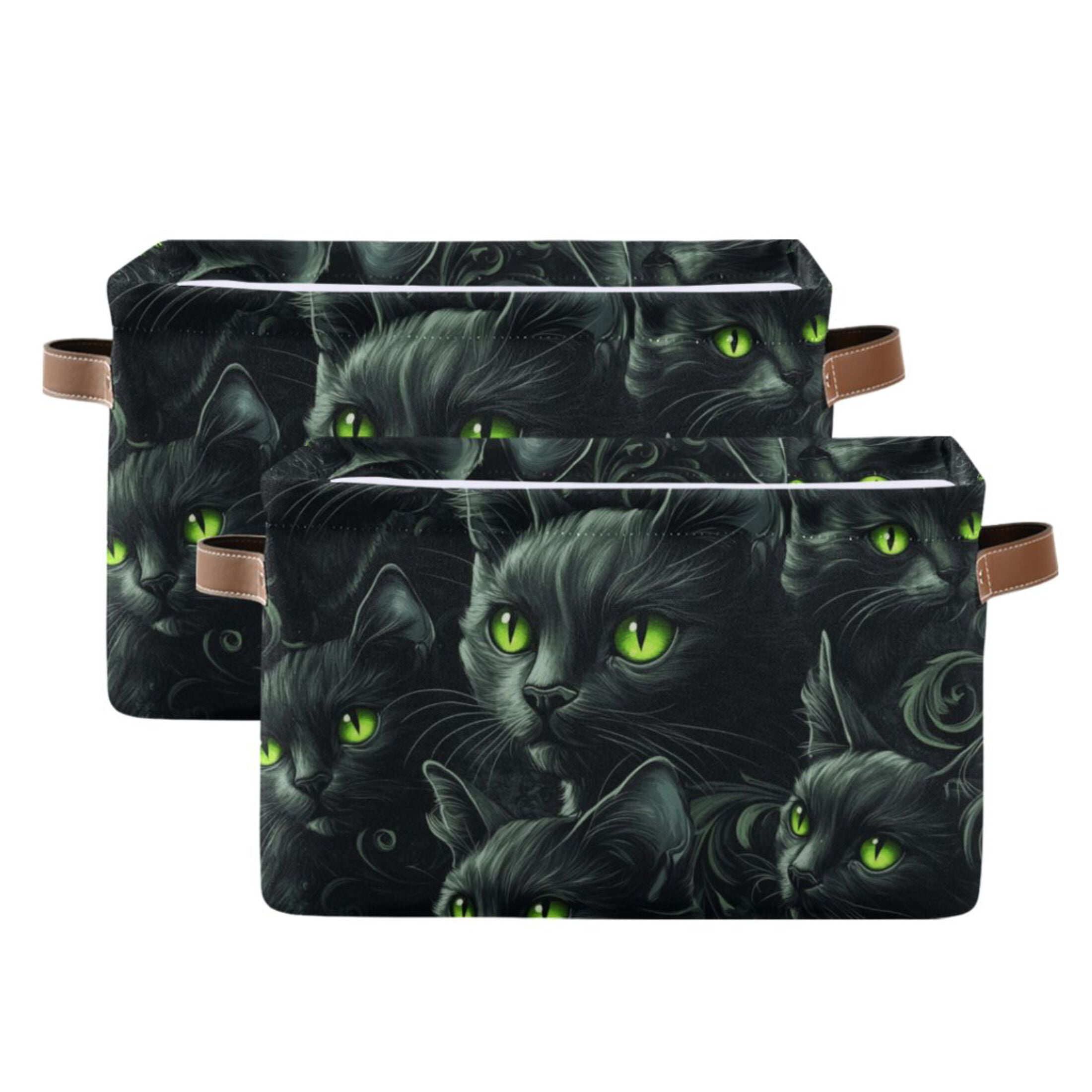 WOBOGO Dark Pattern with Black Cats Square Storage Basket with Waterproof Canvas and PE Lining Durable PU Leather Handles 14.2×10.2×8.3in
