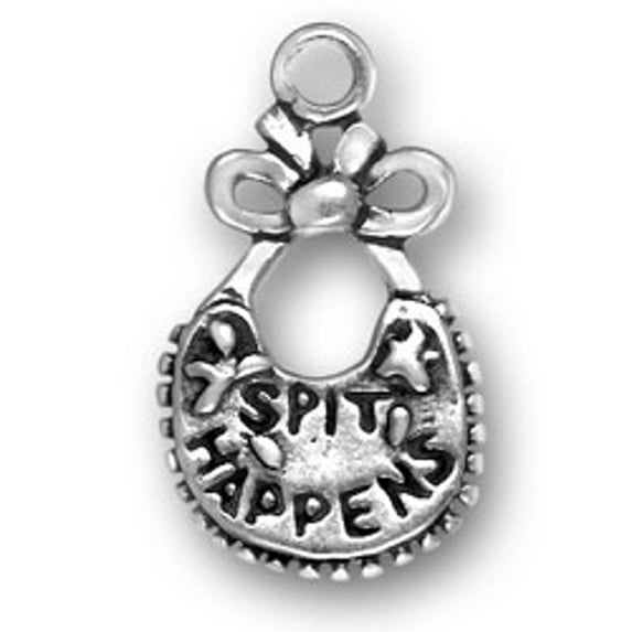 Sterling Silver 8" 4.5mm Charm Bracelet With Attached 3D Baby Bib With Words Spit Happens Charm