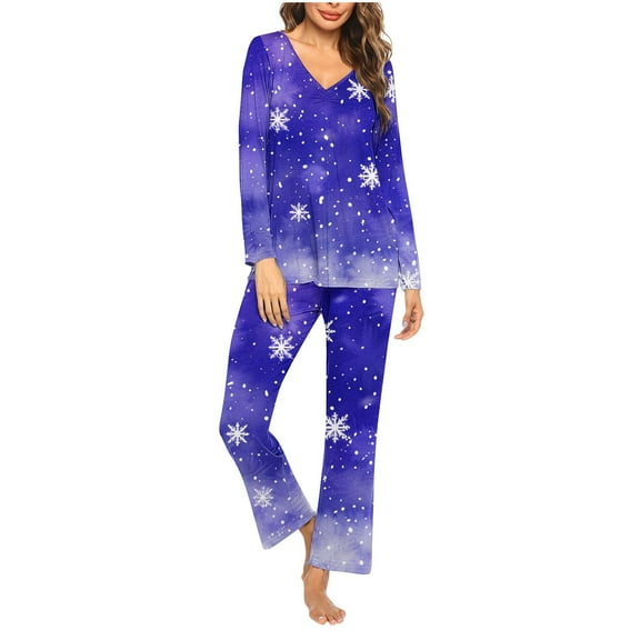 Tnhcen Women's Festive 2-Piece Christmas Snowflake Print Pajamas Set Cozy Soft V-Neck Long Sleeve Top Pants Set Nightwear Lounge Wear S-3XL