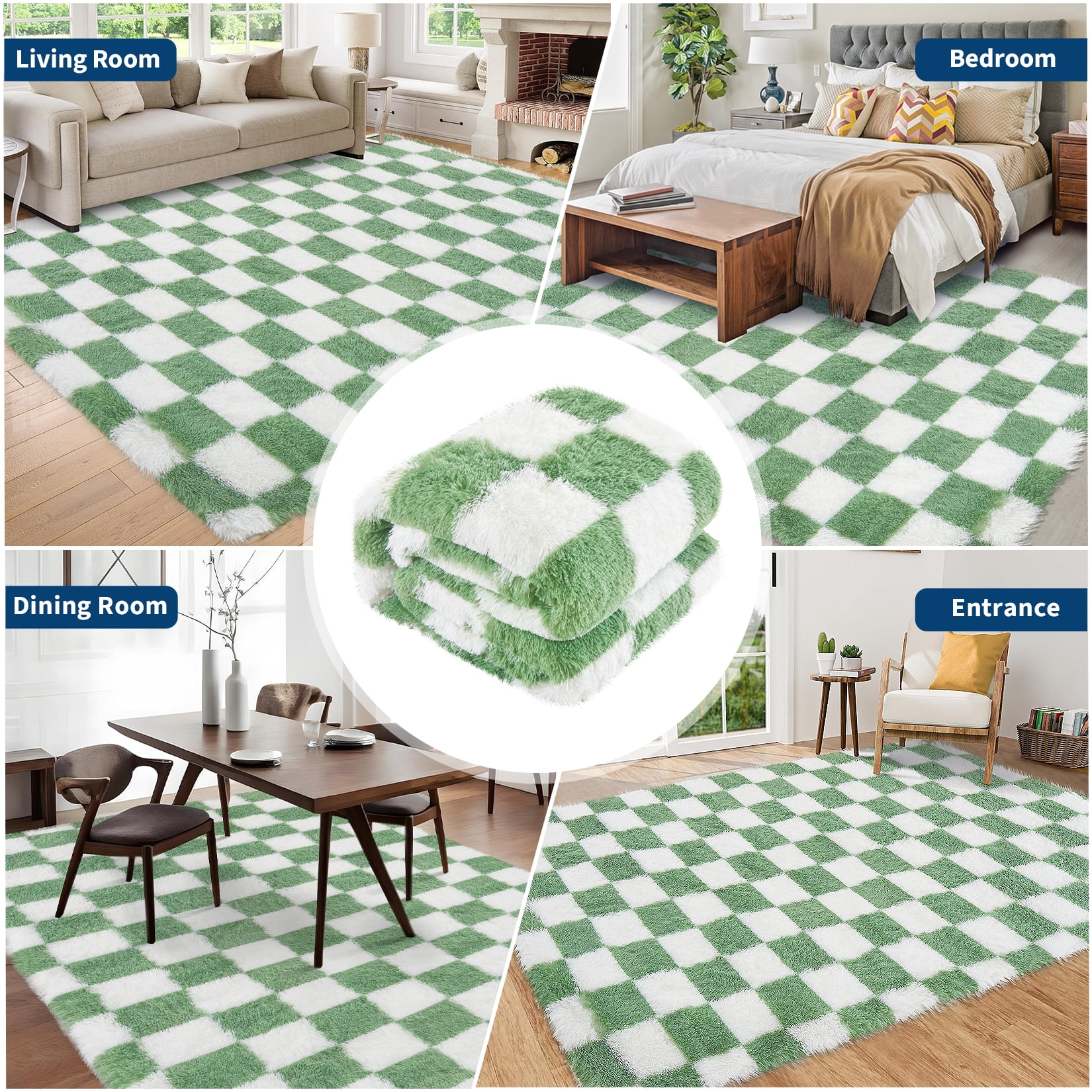 COZONY 2x6 Checkered Thick Runner Rug, Soft Plush Shag Area Rug with Non-Slip Backing for Entryway or Nursery, Green