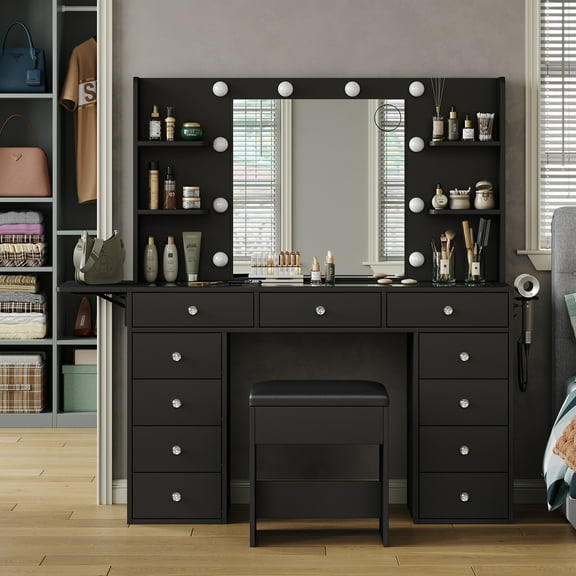 Vanity Desk with Power Outlet, 11 Drawers Makeup Vanity with Lighted Mirror, 3 Colors Adjustable, Glass Top Vanity with Chair, 4 Shelves and Fold-up Panel, Dressing Table for Bedroom, Black