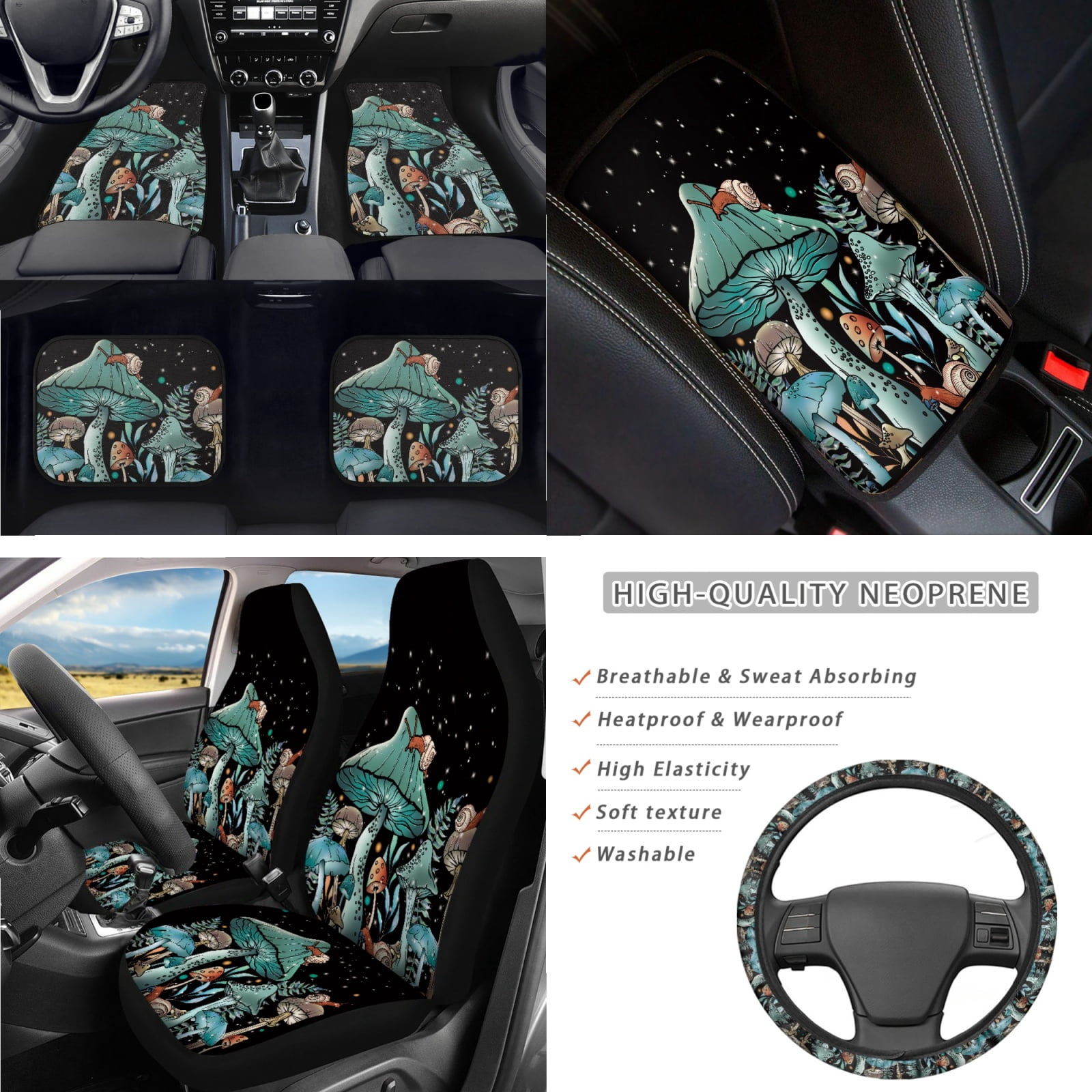 Jeiento Aesthetic Mushroom Car Seat Cover Set of 17 Car Floor Mat Steering Wheel Cover Armrest Cover Safety Belt Pad Cup Coasters Keychain Lipstick Holder Universal Automobile Accessory Interior