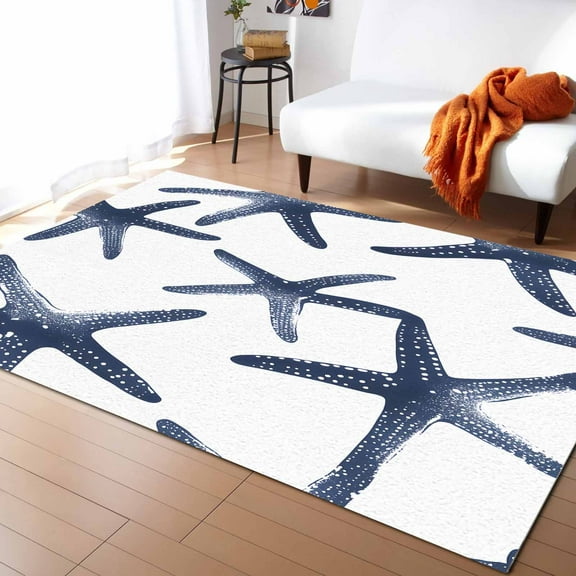 Area Rugs 5x8 Ft Dark Blue Starfish Ocean Coastal Beach Nautical Non-Slip Washable Rug Indoor Rug Floor Mats Non Shedding Carpet for Living Room Bedroom Dining Room Home Decor