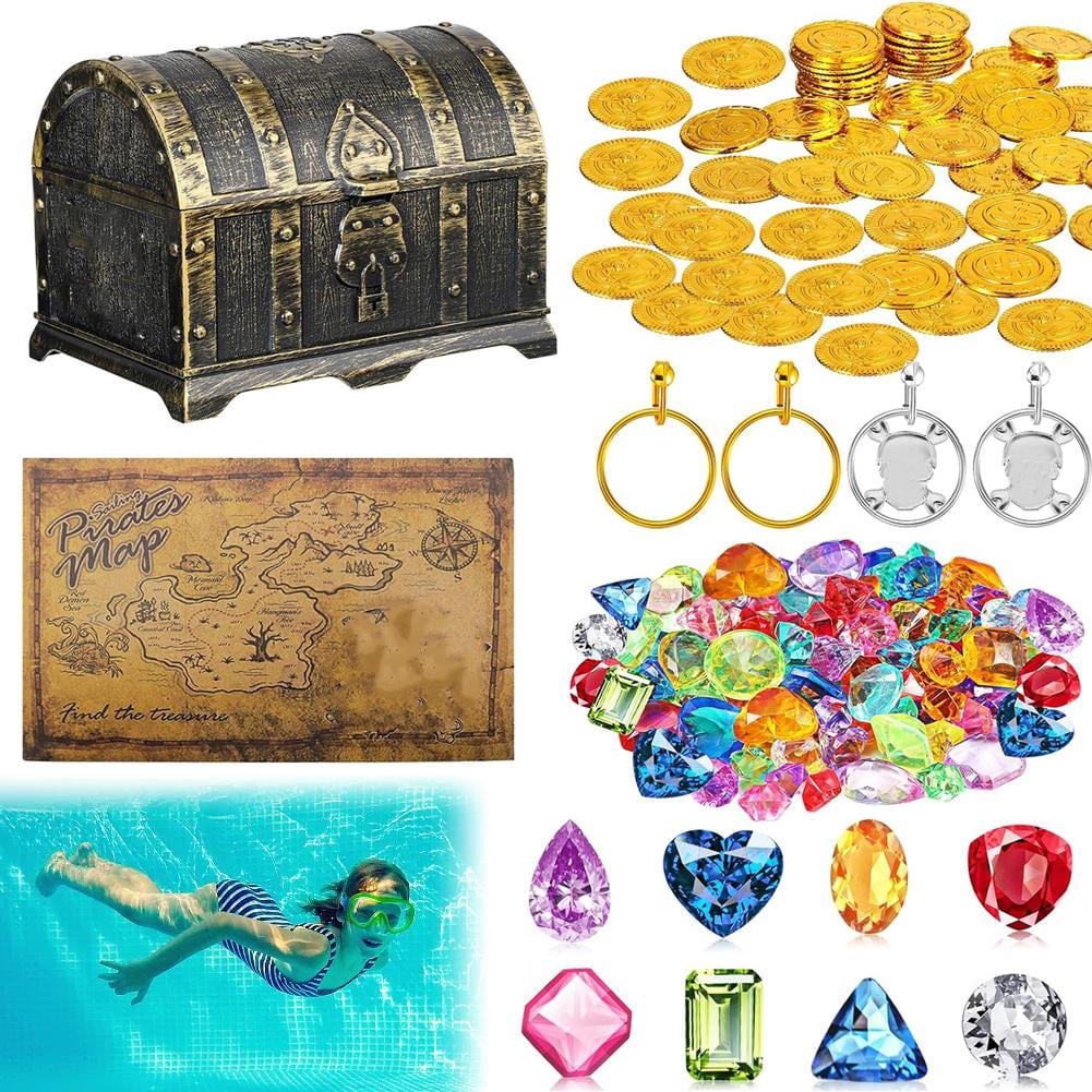 147 Pieces Pirate Treasure Chest Toy Box with Lock and 1 Treasure Map 100 Colorful Gems Earrings 2 40 Skeleto 4 Pirate