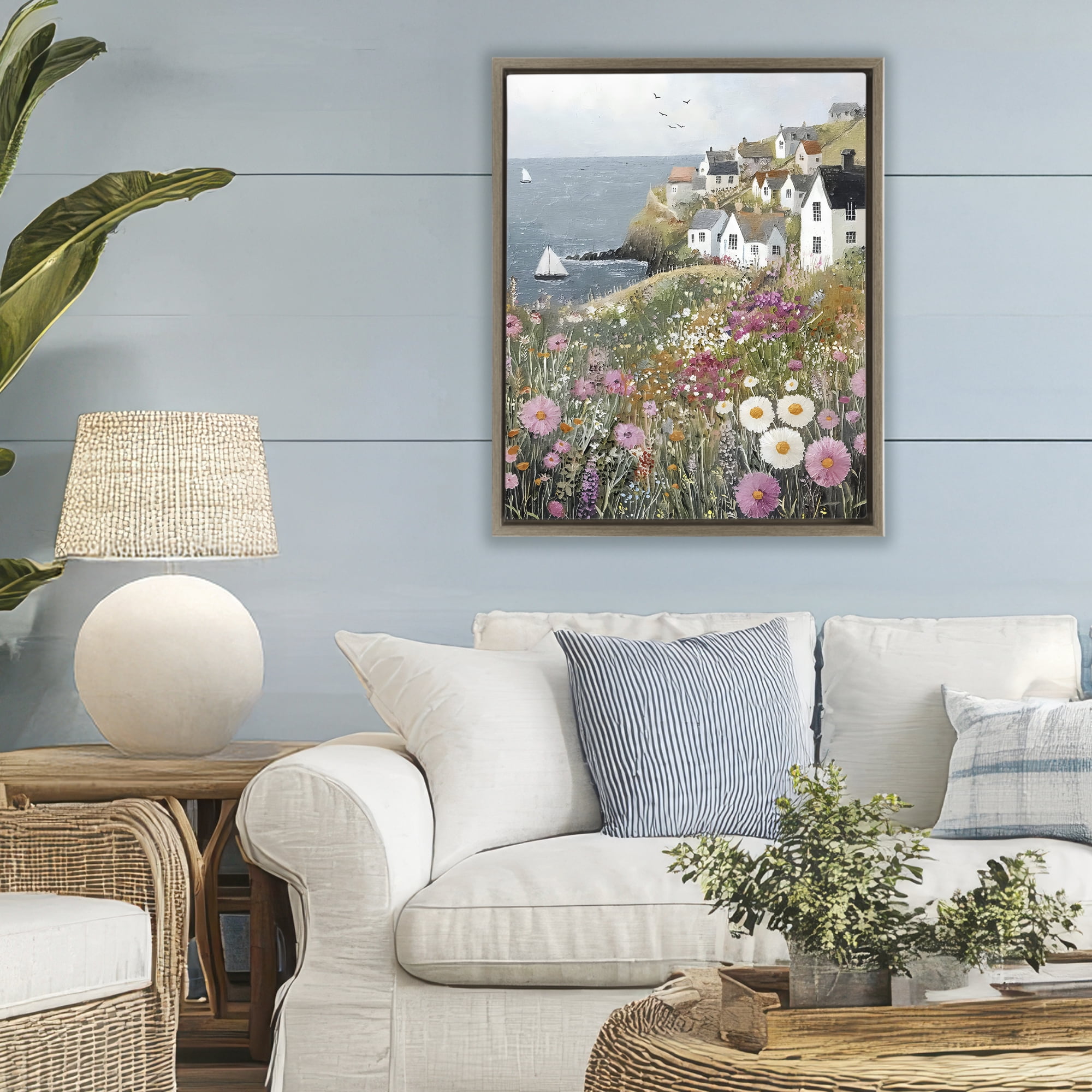 Stupell Industries Pink Meadow Overlooking Sailboats Brown Framed Floater Canvas Wall Art, design by Riley B