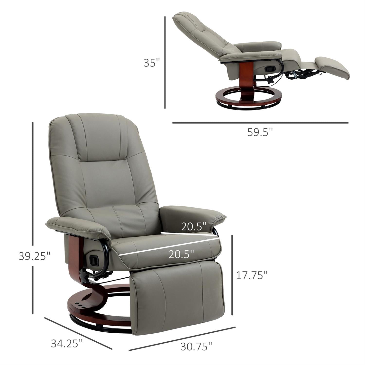 Domi Bonn Faux Leather Lounge Chair with Footrest and Armrest, Manual Swivel Recliner for Living Room, Bedroom, Gray