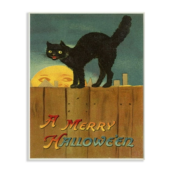 Stupell Industries A Merry Halloween Black Cat Fence Seasonal Holiday Design Graphic Art Unframed Art Print Wall Art, 13x19, by Daphne Polselli