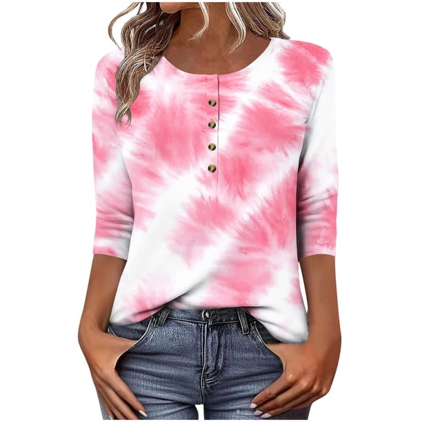 3/4 Manga Casual Tops para las Mujeres Impreso Botón Camiseta Cómoda Y Suelta, Blusa de Cuello Redondo para Diario