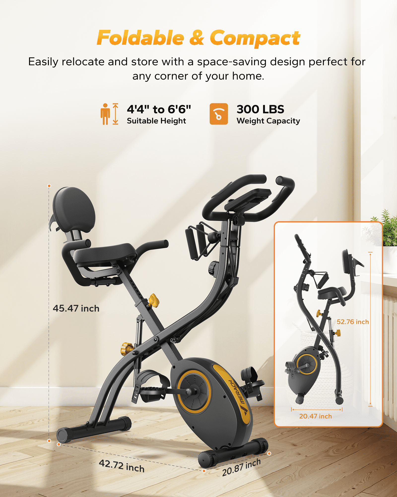 MERACH 4-in-1 Exercise Bike Quiet Folding Magnetic Upright Bikes with Arm Resistance Bands Home Workout Use,16 Levels of Resistance