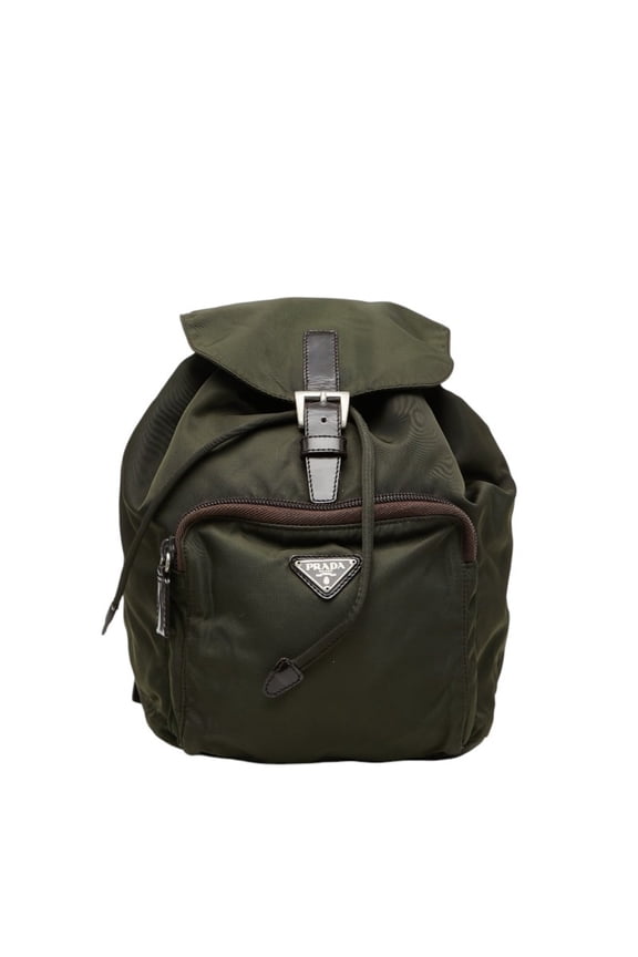 Pre-Owned Prada Triangle Logo Plate Backpack, Green Nylon Leather, Women's PRADA