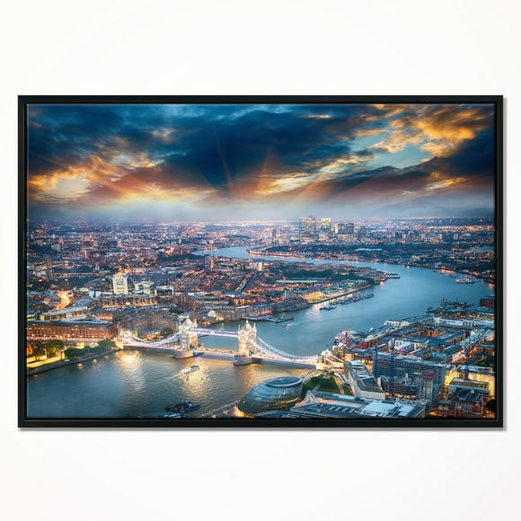 Design Art Aerial View of London at Dusk Framed Canvas Art Print