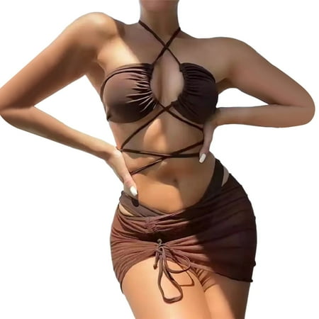 JIANJIA Swim Suits for Women Summer Solid Color Lace Up Halter Hollow Sexy Brassiere With Thongs Mesh Cover Up Swimming Skirt Casual Three Piece Bikinis Swimwears Beachwear Coffee XL