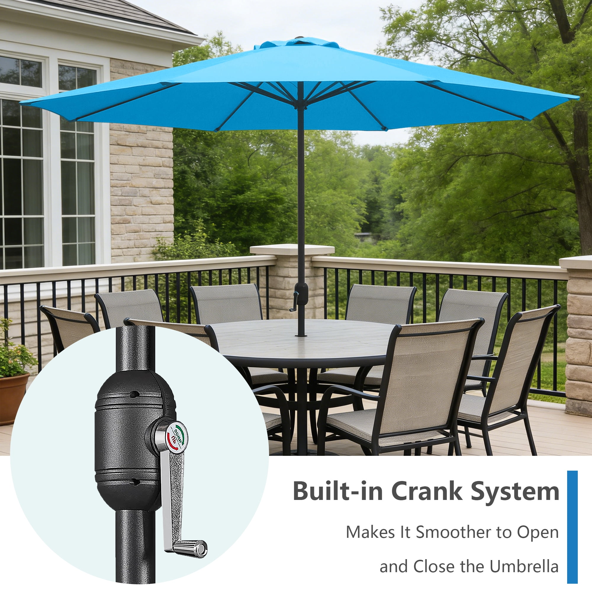 Abble 11FT Outdoor Patio Umbrella with Crank Handle, Market Umbrella with 8 Sturdy Umbrella Ribs, Waterproof for Garden Deck Backyard Pool, Aqua
