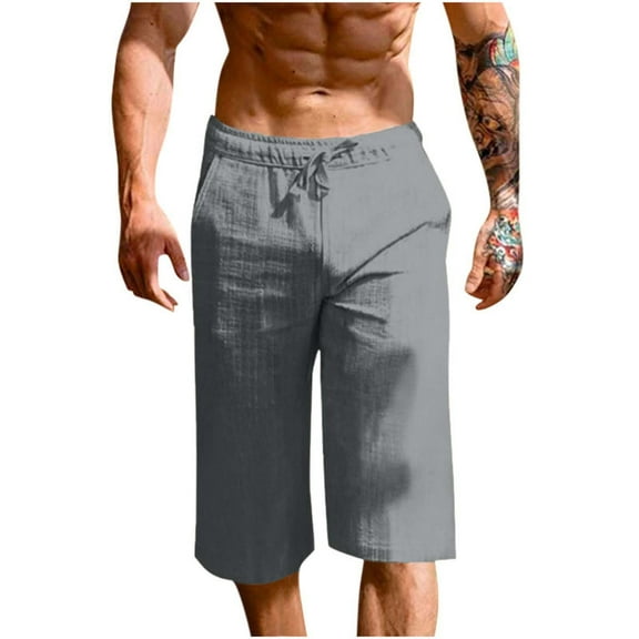 qelini Linen Shorts Men Big and Tall Capris Pants Pockets Drawstring Waist Print Ankle Pants Daily Wear