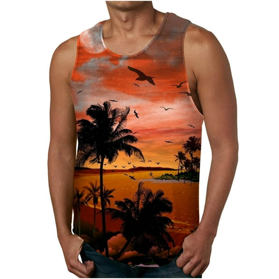 Palm Tree Tanks Tops for Mens Cool Printed Graphic Sleeveless Beach Vacation Tank Top Muscle Shirt for Workout Gym Jogging