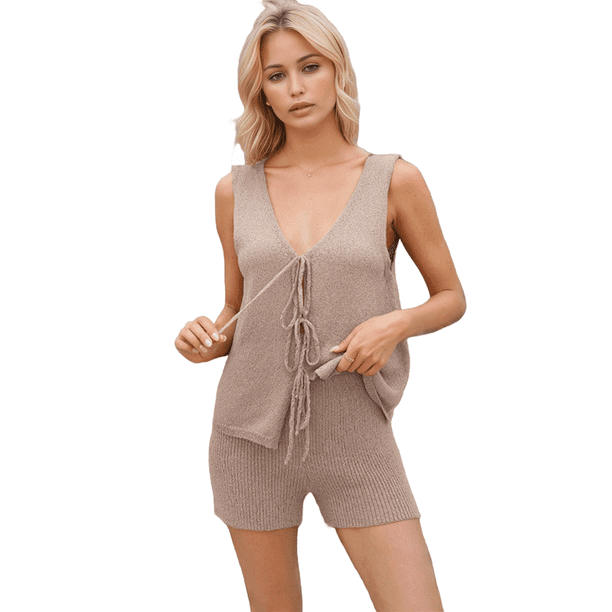 Conjunto de 2 Piezas de Ropa de Estar Informal de Punto para Mujer, con Escote en V y Lazo Frontal, Chaleco y Pantalones Cortos A Juego, para Playa Gris Rosado Pálido L