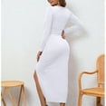 thumbnail image 5 of WTOBBY Women's Fashion Casual Long Sleeve Slit Deep V-Neck Hip Pleated Dress Figure-Hugging Design with Thigh Slit Modern Silhouette for Night Out Comfortable Stretch Fabric,White S, 5 of 5