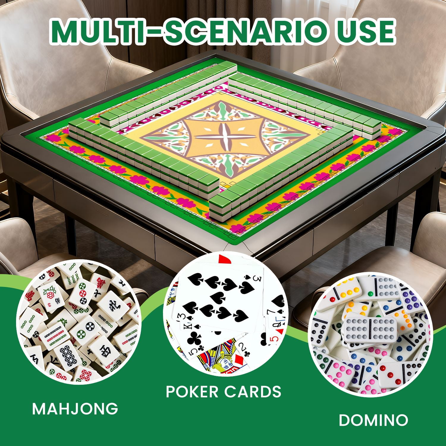 Mahjong Mat 31.5" x 31.5" Vibrant Geometric Floral Pink Green Yellow Symmetrical Design Non-Slip Noise Reduction American Mahjong Tiles Table Cover for Dominoes Poker Card Board Games Gift