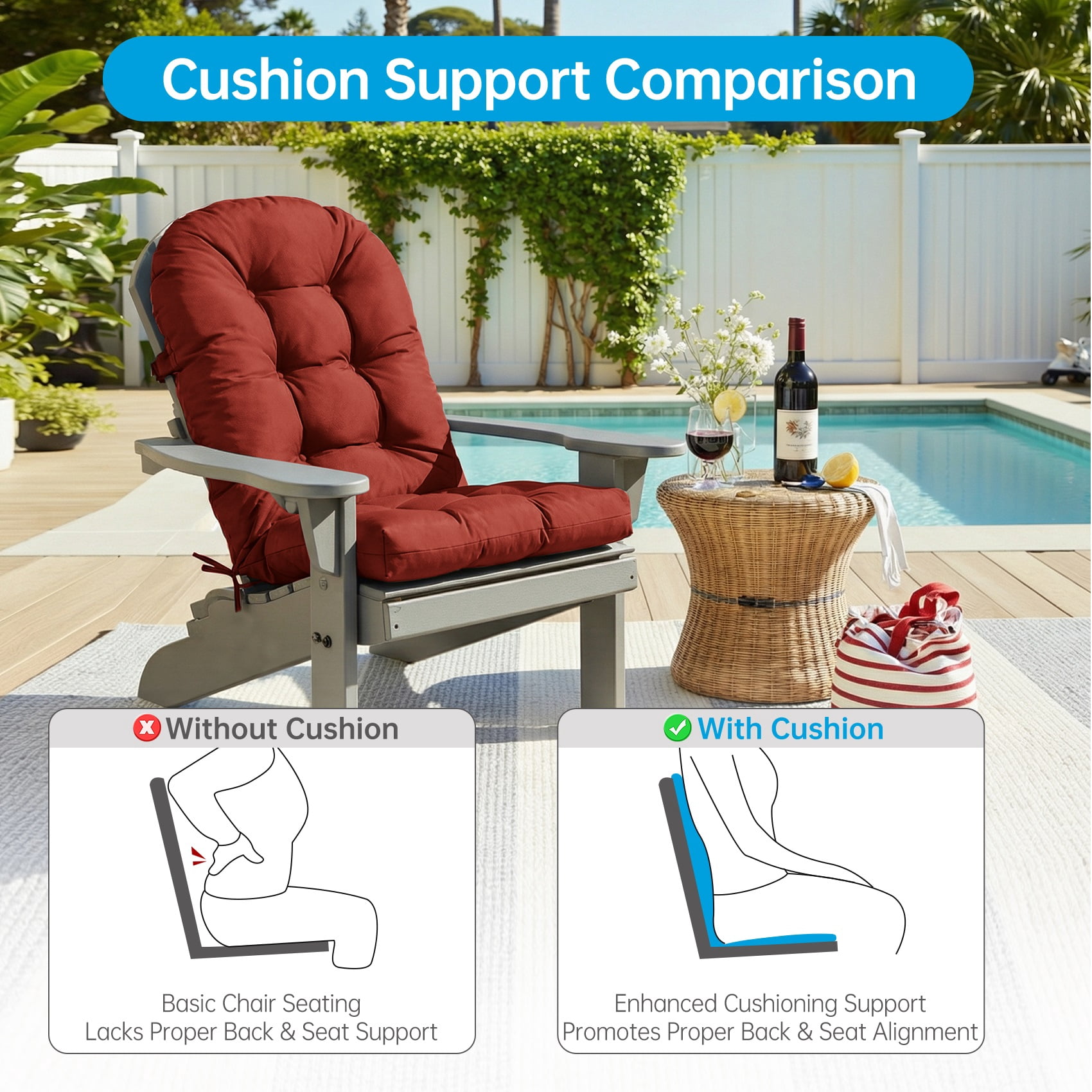 Millsilo Outdoor Rocking Chair Cushion 44" x 19" x 4", Summer Patio High Back Rocker Cushion, Water-Resistant, UV Fade-Resistant, Non-Slip Bottom, Red