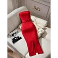 thumbnail image 2 of Women's Strapless Midi Dress, Red Ruched Bodycon Dress with Buckle Belt for Formal Party, 2 of 4