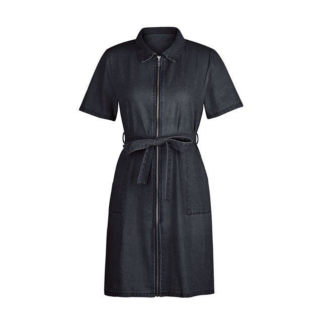 Vestido de mezclilla con cremallera y cinturón para mujer, vestido ajustado de manga corta con bolsillos, vestidos de fiesta de verano, 2023