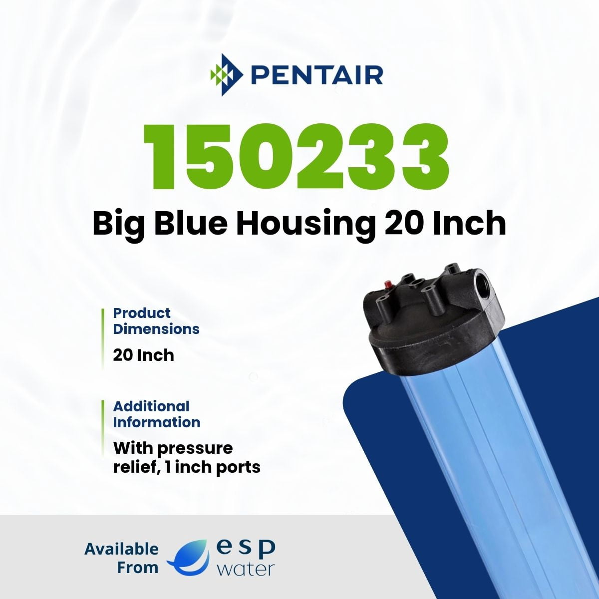 Pentair Pentek Big Blue 20" Whole House Water Filter Housing with Pressure Relief, 1" NPT Ports, 4.5" Cartridge, Model 150233, Blue/Black