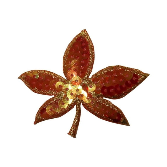ID 7127 Orange Sequin Hickory Leaf Patch Tree Symbol Embroidered IronOn Applique