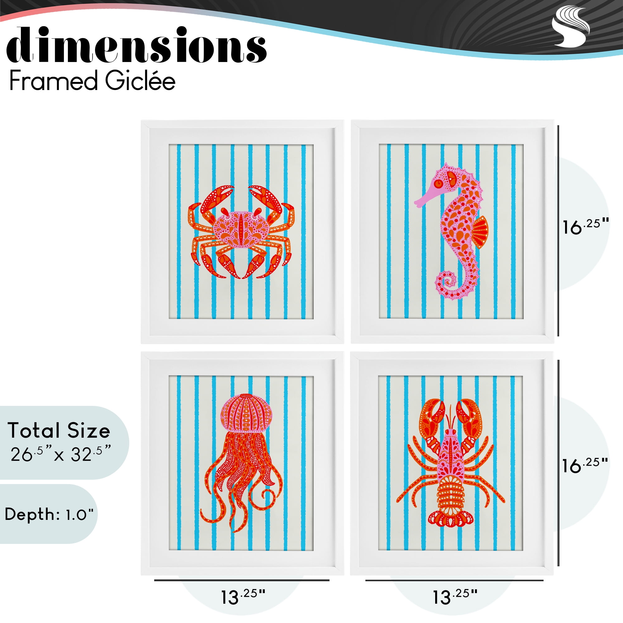 Stupell Industries Bright Sea Creatures on Stripes 4 Piece White Framed Print Under Glass Set, design by Indira Prieto | IndySign