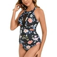 thumbnail image 3 of Women Floral One Piece Swimsuits High Neck Tummy-Control Sexy Mesh Bathing Suit Halter Cutout Ruched Swimwear Multicolor, XXL, 3 of 5