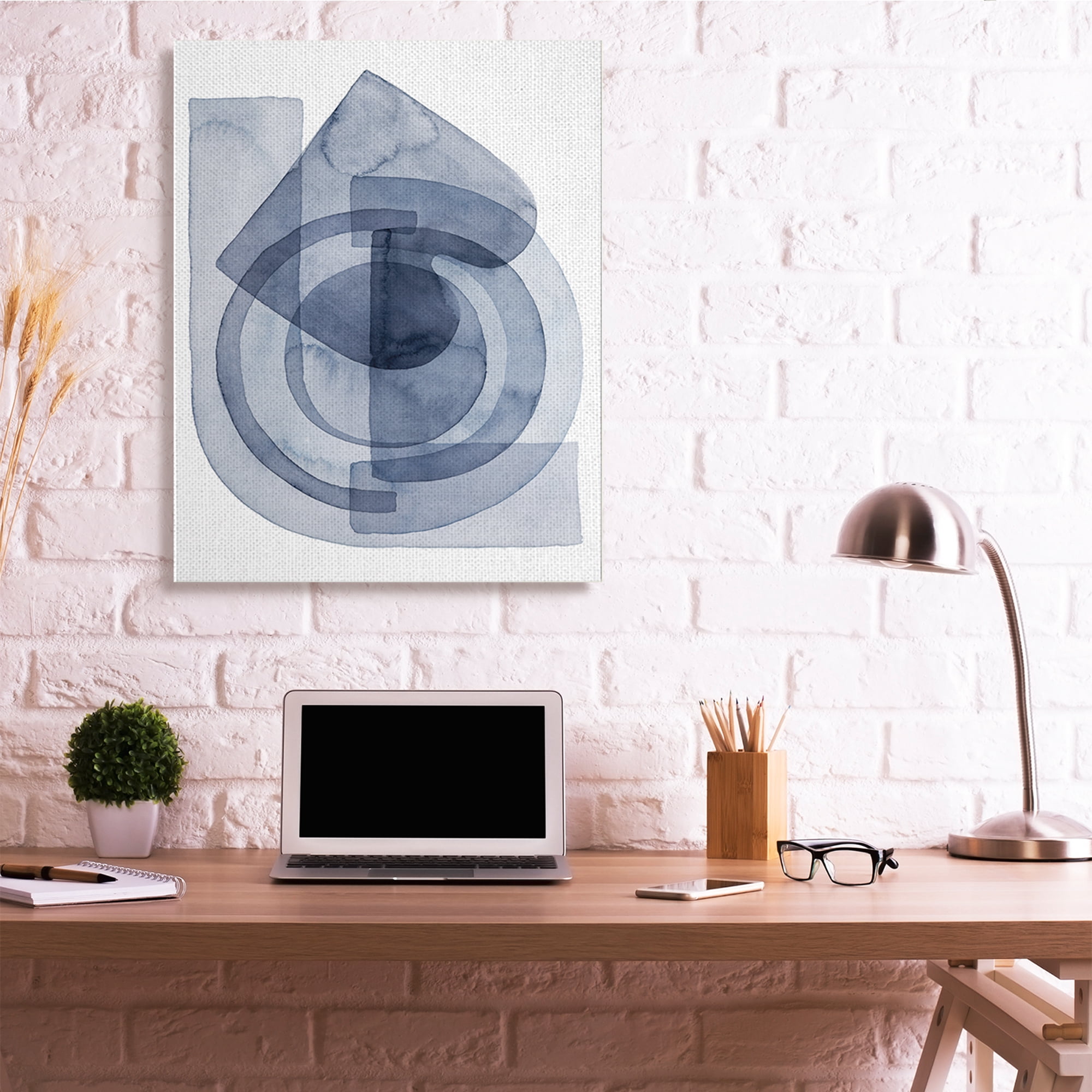 Stupell Industries Layered Blue Opaque Shapes Central Circle Abstract Abstract Painting Gallery Wrapped Canvas Art Print Wall Art, 36 x 48