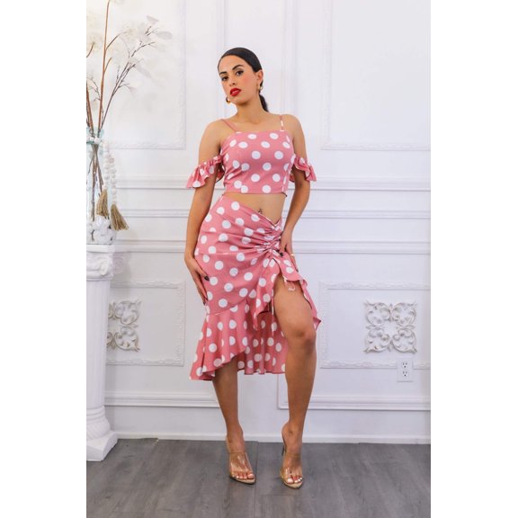 Polkadot Printed Crop Top and Midi Skirt with Ruching