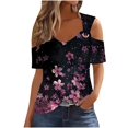 thumbnail image 2 of HaoXianJian Womens Trendy Cold Shoulder Short Sleeve T Shirts Floral Print Crisscross Casual Loose Tunic Top Blouse Shirts 2025 Summer Off Shoulder Top, 2 of 5