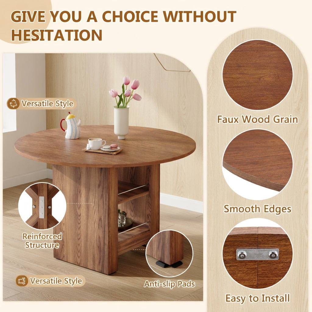 Hommoo 42" Round MDF Dining Table with Dual-Tier Storage Shelves, 30" Height, Non-Slip Pads, Modern Farmhouse Style for Kitchens & Small Apartments, Walnut