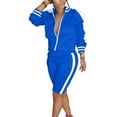 thumbnail image 1 of Frontwalk Women Jogger Set Cold Shoulder Two Piece Outfit Jacket And Shorts Sweatsuits Jogging Regular Tracksuit Sets Long Sleeve Blue 2XL, 1 of 2