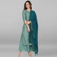 thumbnail image 3 of Janasya Indian Round Neck Sleeveless Printed Light Green Poly Silk Kurta With Palazzo and Dupatta For Women, 3 of 8