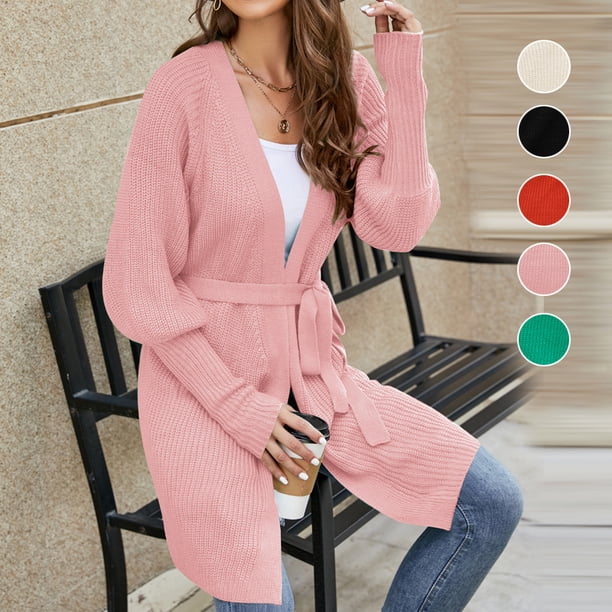 Cárdigan de punto de color sólido con cuello en V y tiras para mujer europea y americana, temperamento de otoño e invierno, chaqueta suéter verde larga