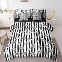 Feelyou Cartoon Bowknot Bedding Comforter Set 7pcs, Black Stripes Lines King Bedding Sets
