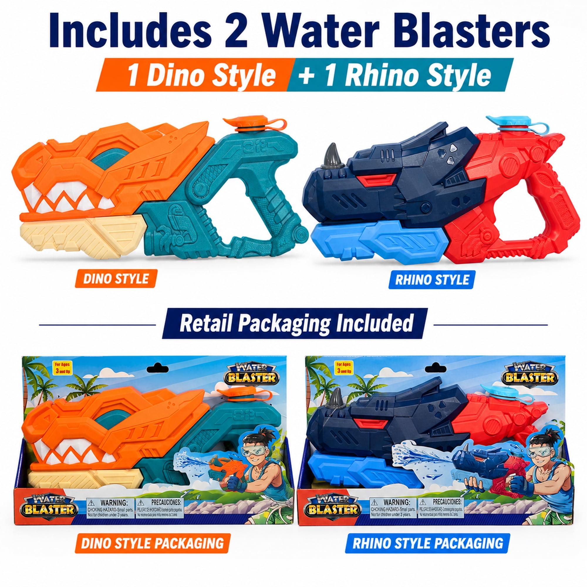 Kids Pump Action Water Blaster Toy 2-Pack, 1 Dino Style and 1 Rhino Style, Outdoor Squirt Toys for Pool, Beach, Backyard Summer Play, Ages 3+