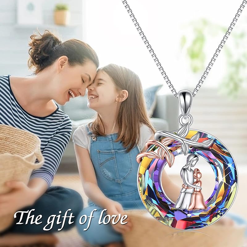 Crystal Mother Daughter Necklace Sterling Silver Mothers Day Birthday Jewelry Gifts for Women Mom Daughter Wife